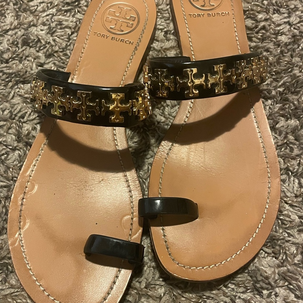 Tory Burch Black and Gold Sandals with Patent Leather Straps